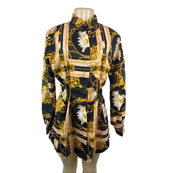 Halfheart Black & Gold Baroque Print Long-Sleeve Shirt Dress Button-Up Size S - Picture 1 of 8